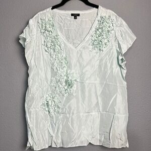 Talbots 100% Silk Blouse‎ Soft Romantic Sz 14 Mint Green Floral Appliqué V-Neck